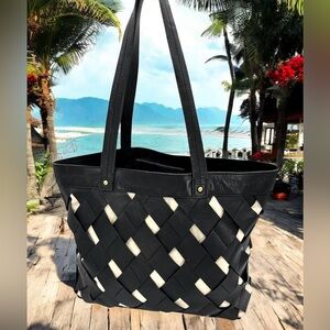Woven Hand-crafted Black & Cream Leather Lattice Tote Bag